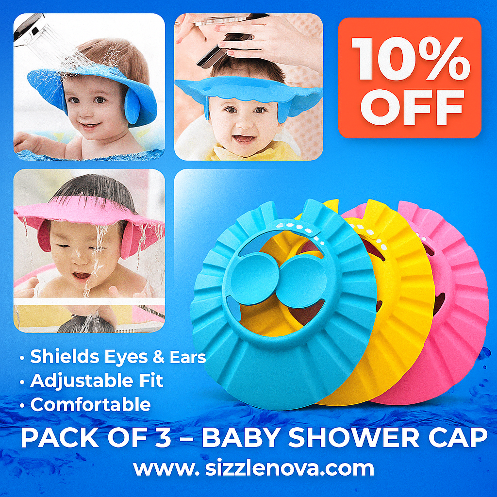 Pack of 3 – Baby Shower Cap with Ear Protector – Random Colours