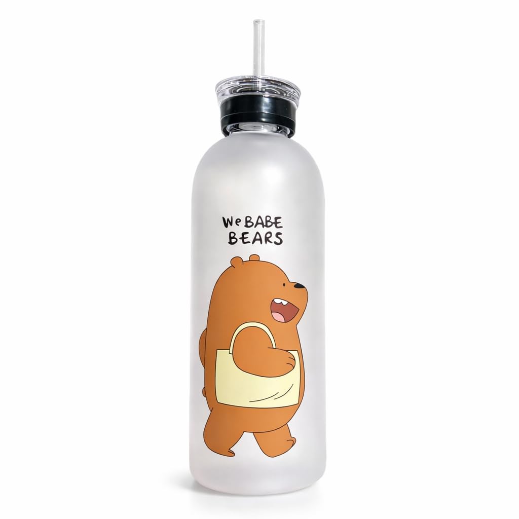 Cute Bear Straw Water Bottle – 1000ml Frosted Portable Bottle with Straw