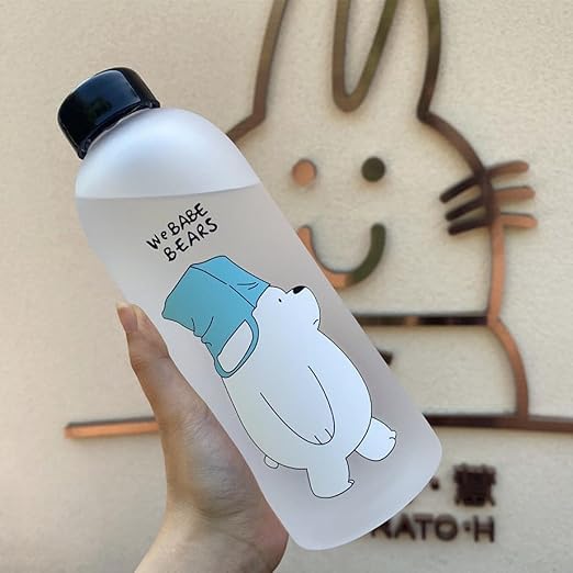 Cute Bear Straw Water Bottle – 1000ml Frosted Portable Bottle with Straw