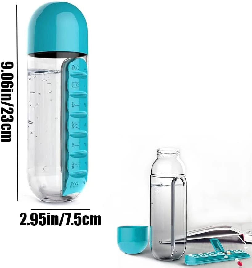 2-in-1 Medicine Organizer Water Bottle – 7 Day Pill Box with 600ml BPA-Free Bottle & Removable Cup (Random Color)