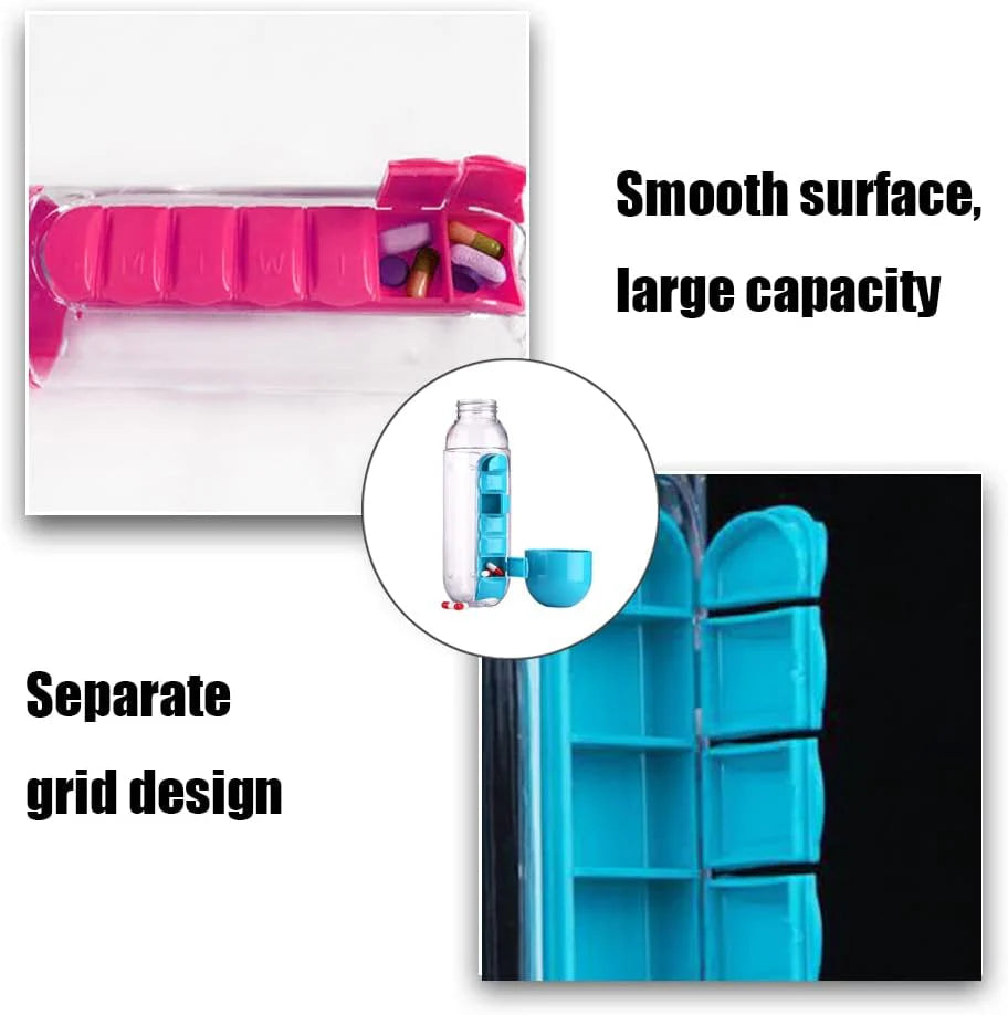 2-in-1 Medicine Organizer Water Bottle – 7 Day Pill Box with 600ml BPA-Free Bottle & Removable Cup (Random Color)