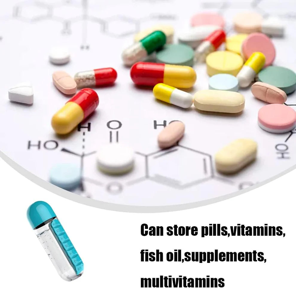 2-in-1 Medicine Organizer Water Bottle – 7 Day Pill Box with 600ml BPA-Free Bottle & Removable Cup (Random Color)