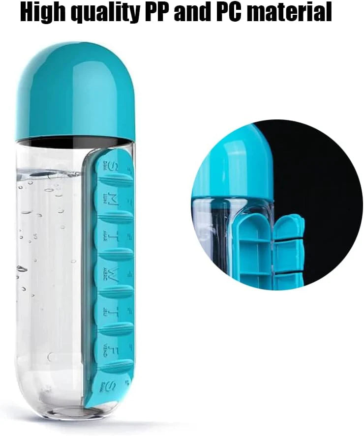 2-in-1 Medicine Organizer Water Bottle – 7 Day Pill Box with 600ml BPA-Free Bottle & Removable Cup (Random Color)
