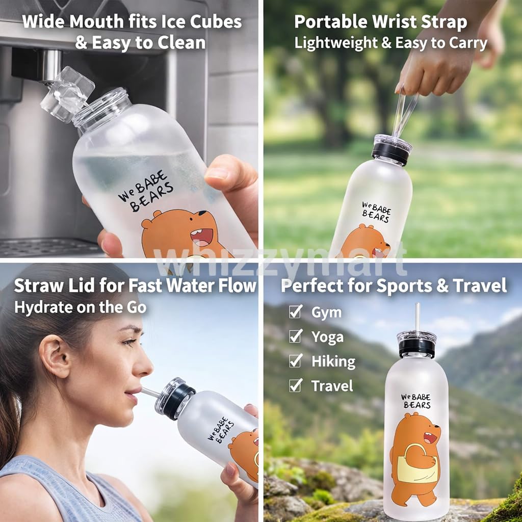 Cute Bear Straw Water Bottle – 1000ml Frosted Portable Bottle with Straw