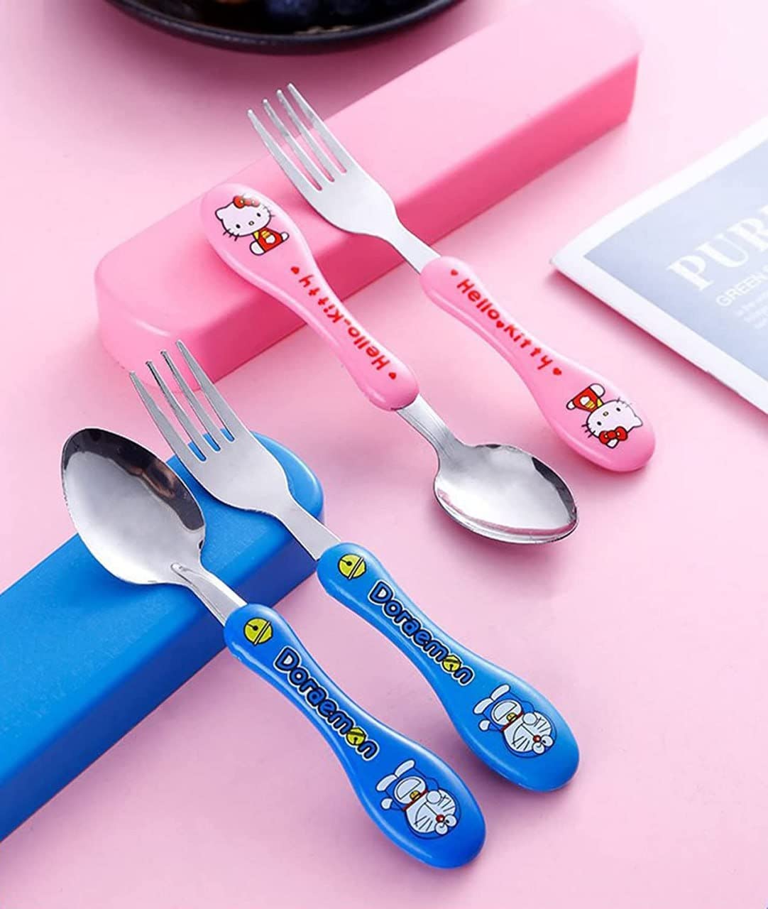 Portable Kids’ Stainless Steel Cutlery Set – Cartoon Spoon & Fork with Slim Travel Case