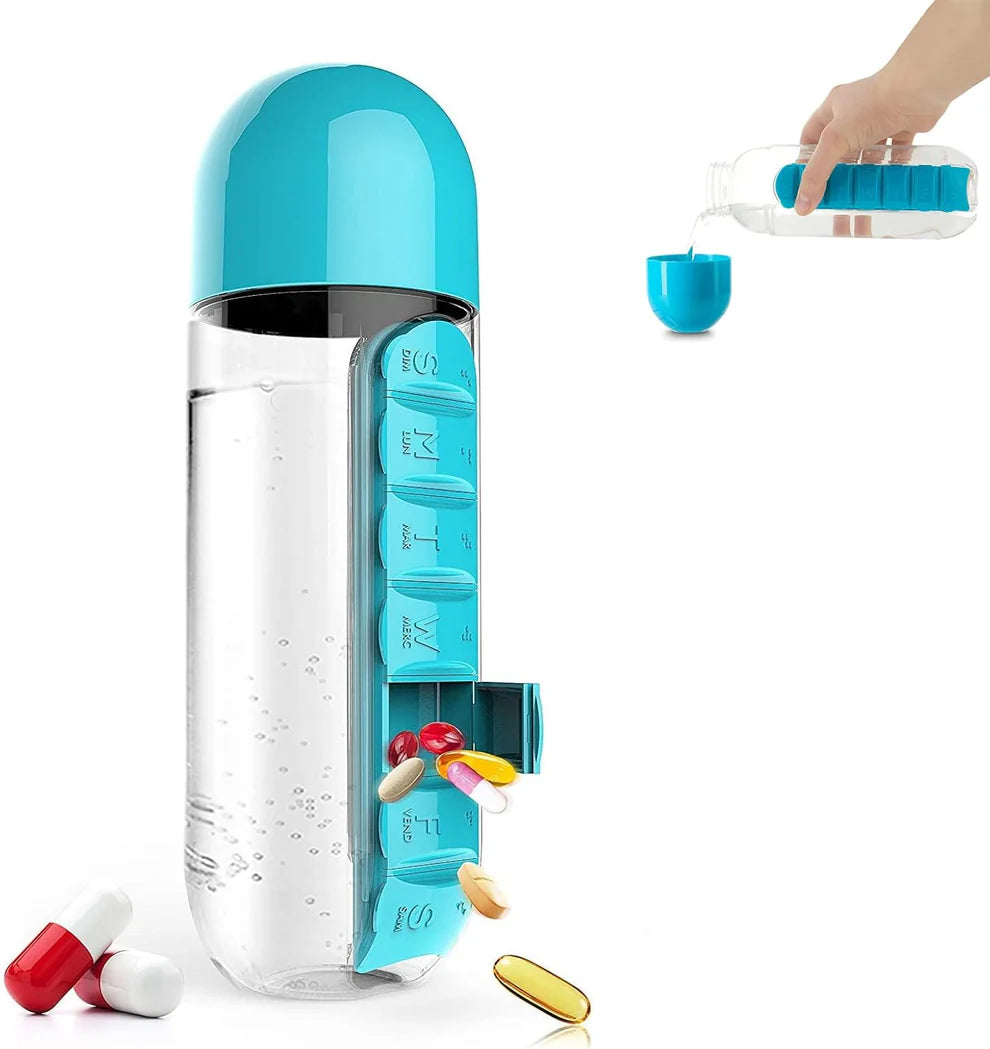 2-in-1 Medicine Organizer Water Bottle – 7 Day Pill Box with 600ml BPA-Free Bottle & Removable Cup (Random Color)