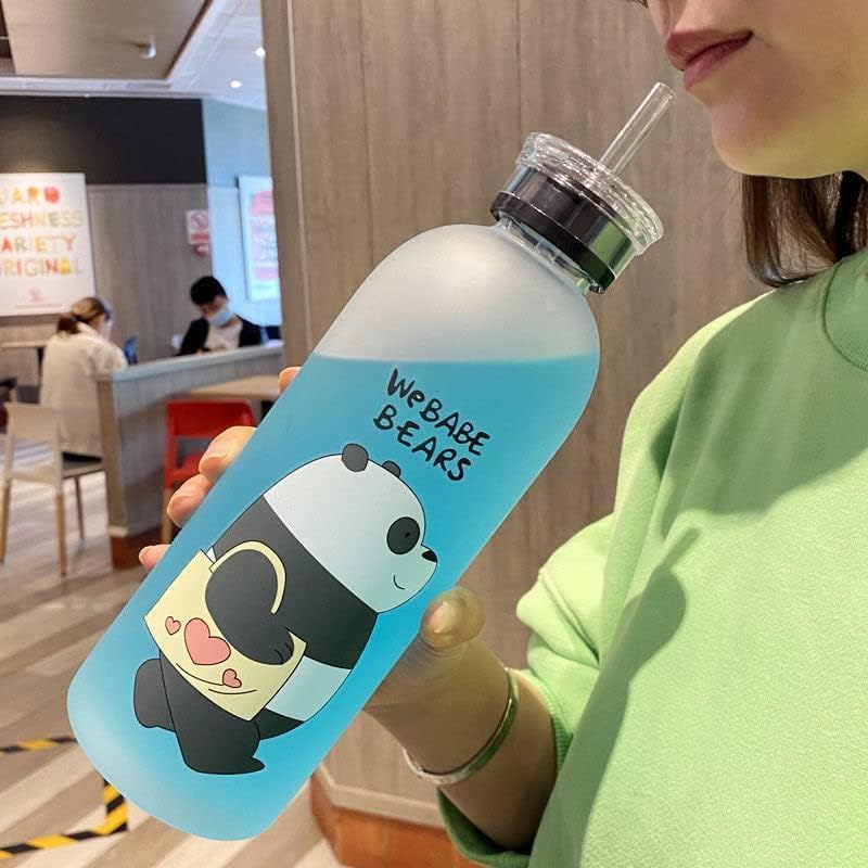 Cute Bear Straw Water Bottle – 1000ml Frosted Portable Bottle with Straw