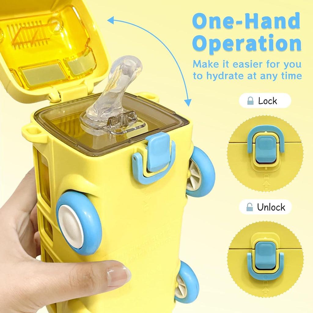 Bus Shape Water Bottle for Kids with Strap - Leak-Proof Cartoon Bottle with Wheels 500ml (Random Colour)