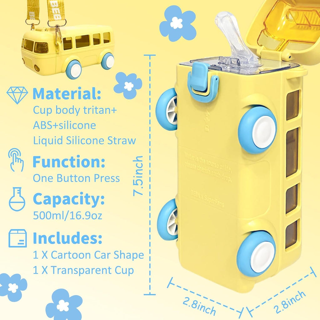 Bus Shape Water Bottle for Kids with Strap - Leak-Proof Cartoon Bottle with Wheels 500ml (Random Colour)