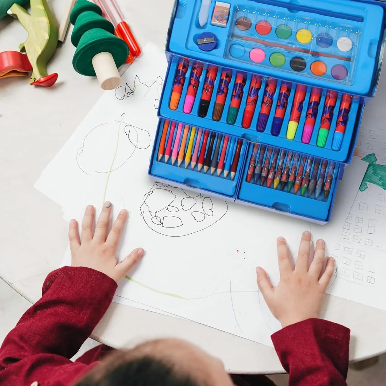 Multi Colour 54 Pieces Kids Art & Artist Set in Storage Box with Drawers – Pens, Pencils, Crayons & Paints