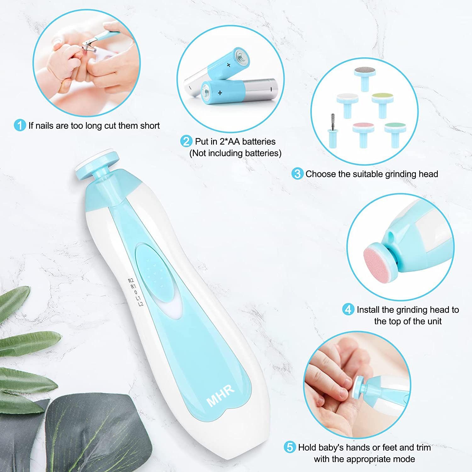 Baby Nail Trimmer Electric – Safe Baby Nail Cutter & File with Light (6 Grinding Pads)