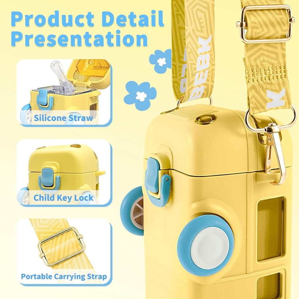 Bus Shape Water Bottle for Kids with Strap - Leak-Proof Cartoon Bottle with Wheels 500ml (Random Colour)
