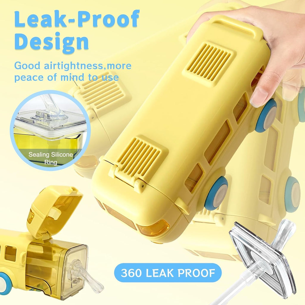 Bus Shape Water Bottle for Kids with Strap - Leak-Proof Cartoon Bottle with Wheels 500ml (Random Colour)