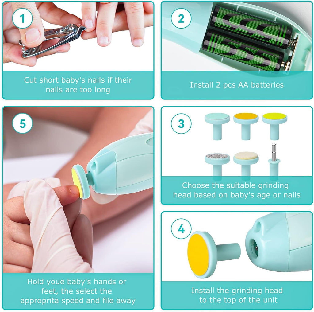 Baby Nail Trimmer Electric – Safe Baby Nail Cutter & File with Light (6 Grinding Pads)