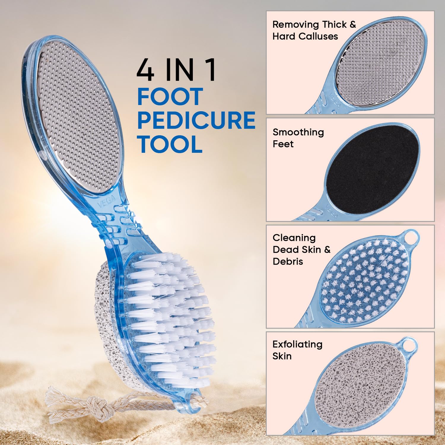 4-in-1 Foot Care Pedicure Brush | Callus Remover, Scrubber, Pumice Stone & Buffer
