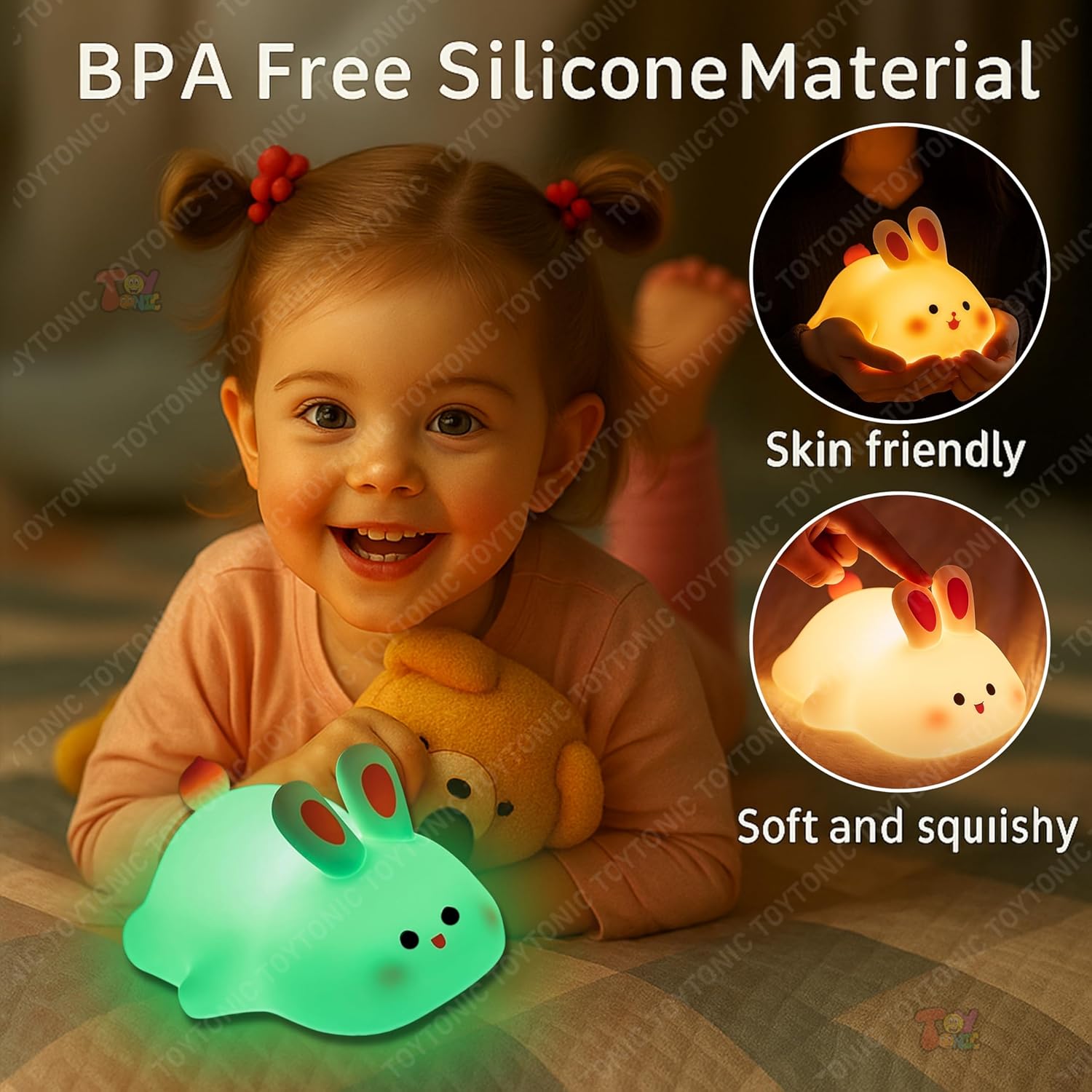 Big Face Rabbit Night Light for Kids – Rechargeable Silicone Bunny LED Lamp