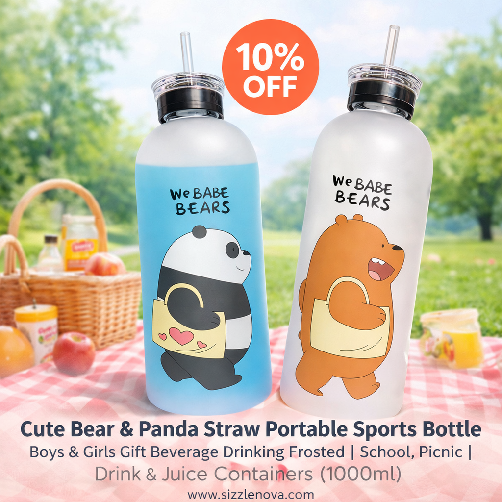 Cute Bear Straw Water Bottle – 1000ml Frosted Portable Bottle with Straw