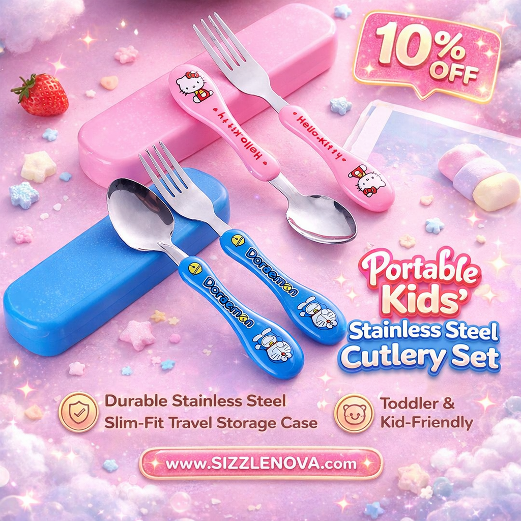 Portable Kids’ Stainless Steel Cutlery Set – Cartoon Spoon & Fork with Slim Travel Case