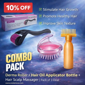 Combo Pack Derma Roller + Hair Oil Applicator Bottle + Hair Scalp Massager – Hair Growth & Scalp Care Set (Pack of 3)