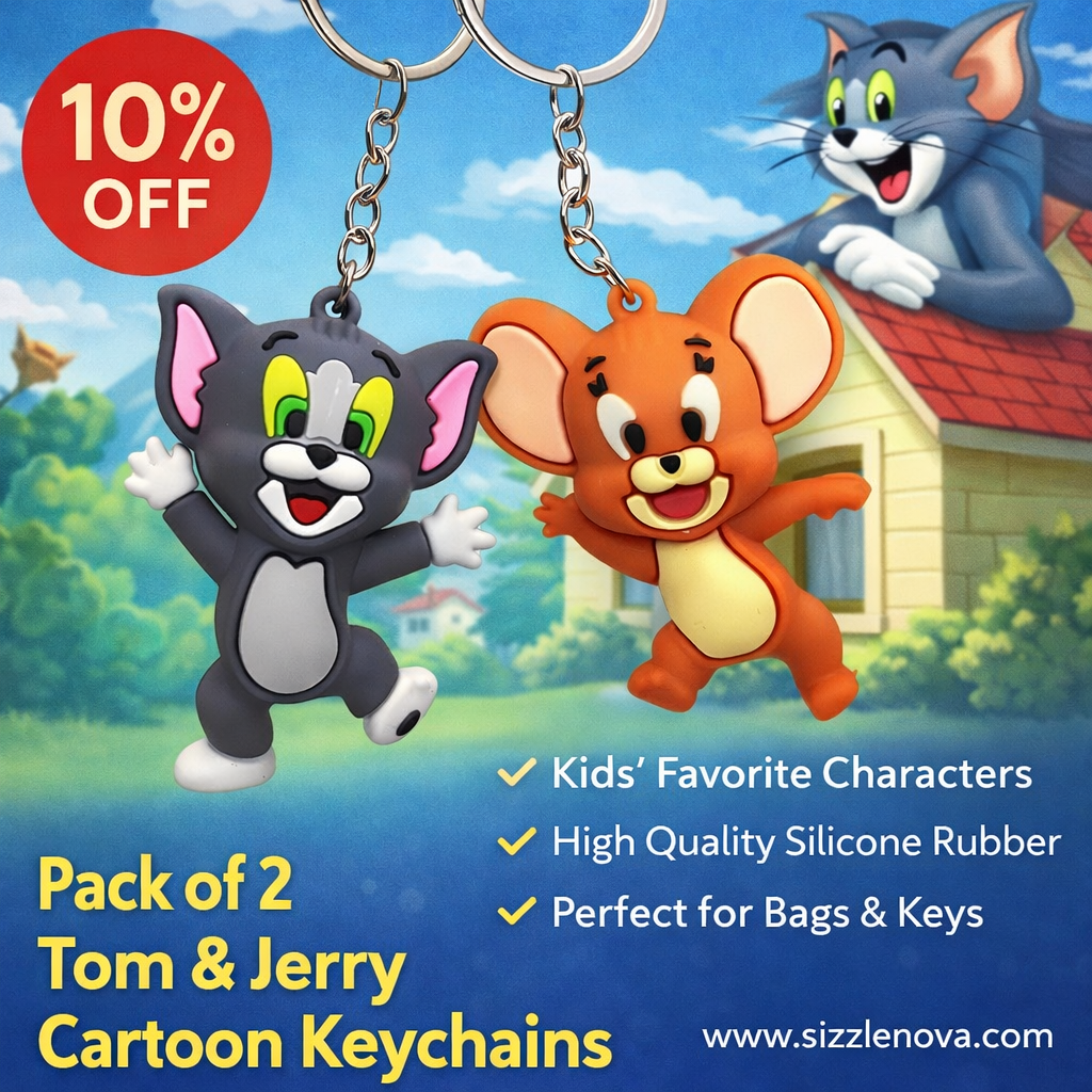 Pack of 2 Tom & Jerry Cartoon Keychains - High Quality Silicone Rubber Bag & Key Ring