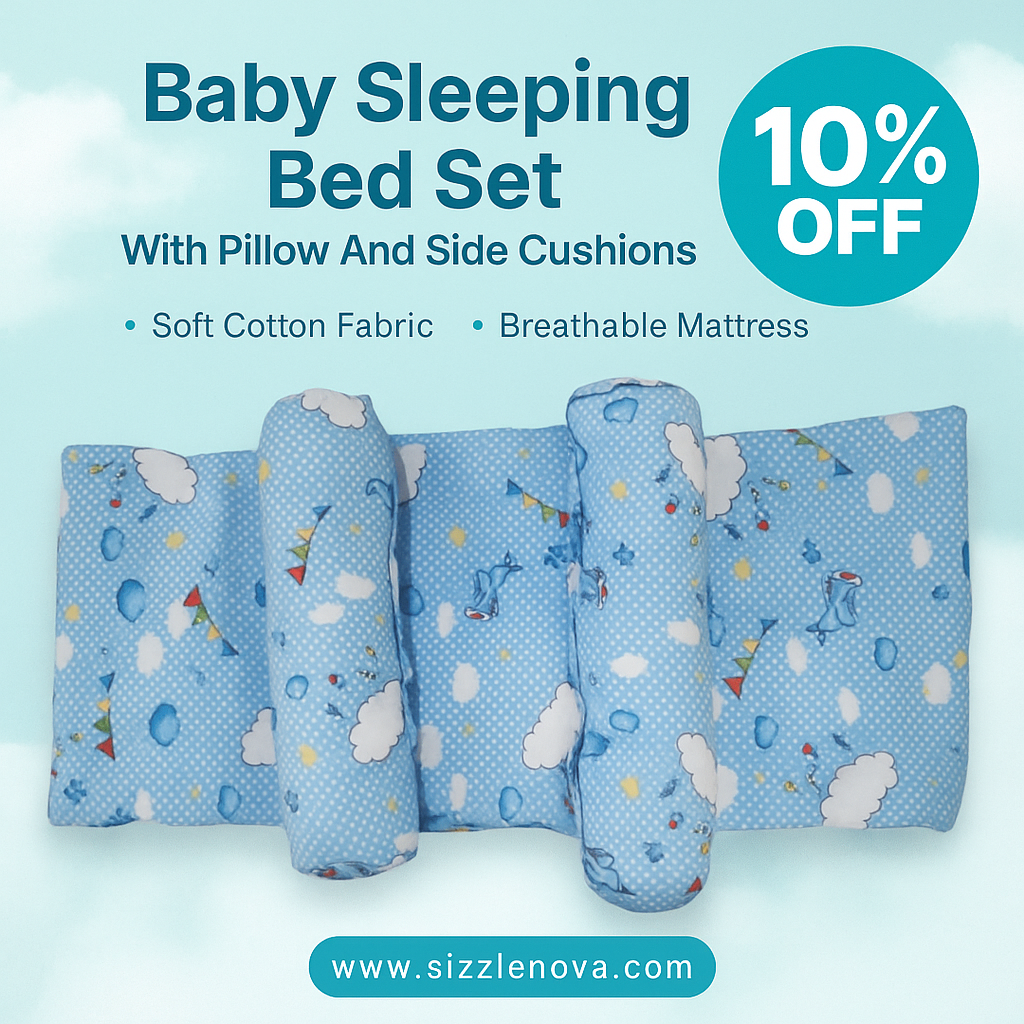 Baby Sleeping Bed Set with Pillow & Side Cushions - (Random Colour)