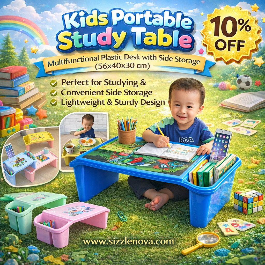 Kids Portable Study Table – Multifunctional Plastic Desk with Side Storage