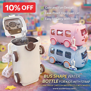 Bus Shape Water Bottle for Kids with Strap - Leak-Proof Cartoon Bottle with Wheels 500ml (Random Colour)
