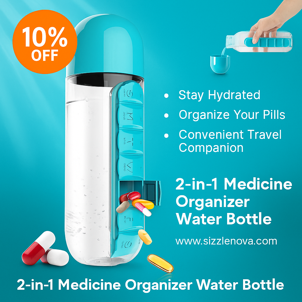 2-in-1 Medicine Organizer Water Bottle – 7 Day Pill Box with 600ml BPA-Free Bottle & Removable Cup (Random Color)