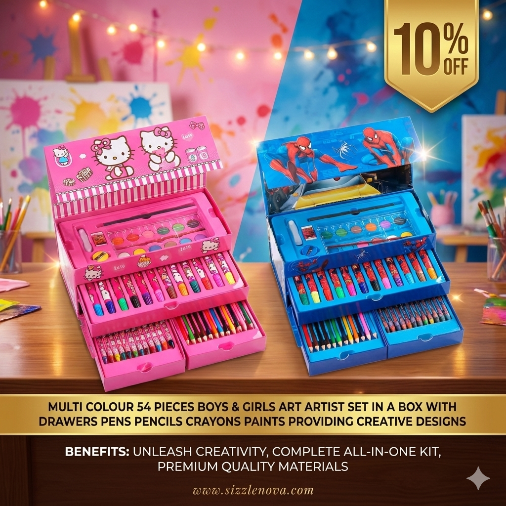 Multi Colour 54 Pieces Kids Art & Artist Set in Storage Box with Drawers – Pens, Pencils, Crayons & Paints